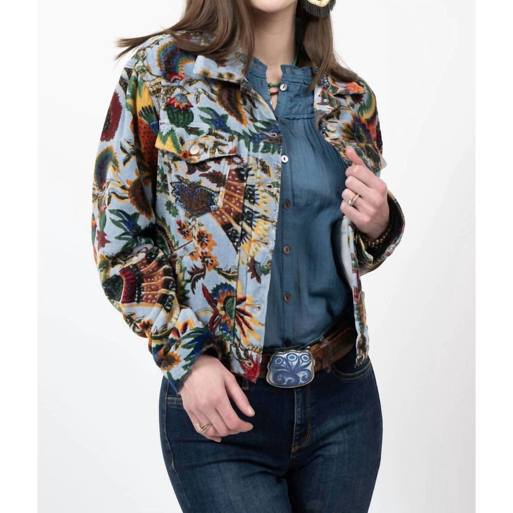 NEW IVY JANE print velvet jean jacket in blue